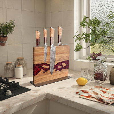 Bloc à couteaux magnétique, support double face, puissant aimant de rangement pour la cuisine, bois d'acacia et résine (12 po x 10 po, sans couteaux)