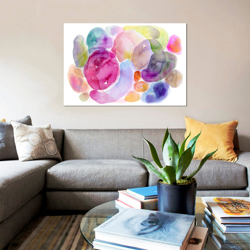« color puddles », reproduction de peinture à l’aquarelle sur toile tendue, H 18 po x l 26 po x P 1,5 po, Toile tendue