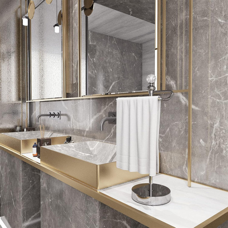  Porte-serviettes autoportant stable en acier inoxydable, porte-serviettes de bain debout pour comptoir de cuisine de salle de bain, porte-serviette rustique avec boule de cristal H 15,7 po (chrome poli, paquet de 2)
