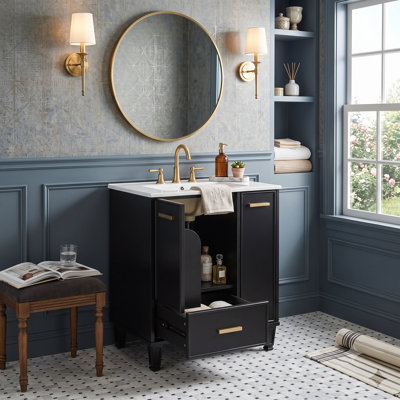 Meuble-lavabo moderne 24 po en bois massif avec lavabo en céramique, tablette de porte et panier coulissant à 2 niveaux (noir / blanc / gris-bleu)