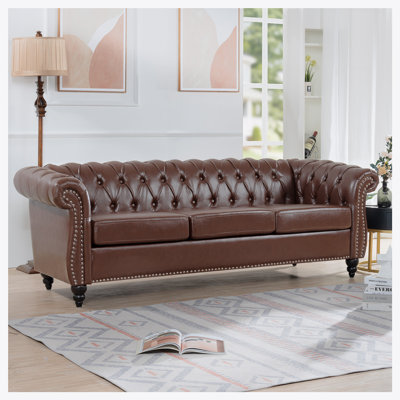 Elaiza 3-Seater Chesterfield Faux Leather Sofa with Rolled Arm