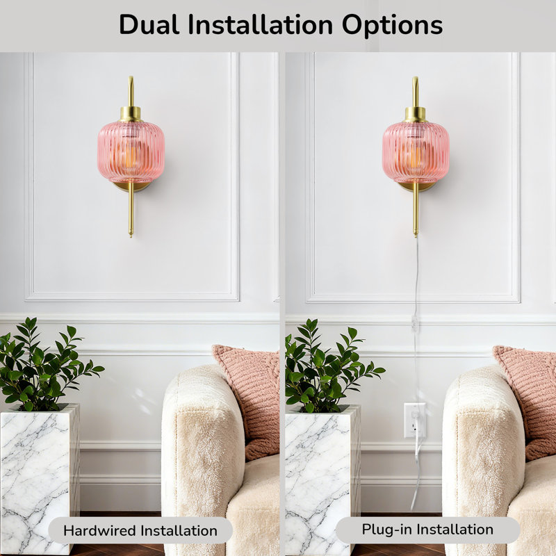 Plug-In/Hardwired Armed Sconce Iron Wall Sconces With Bulb, Pink