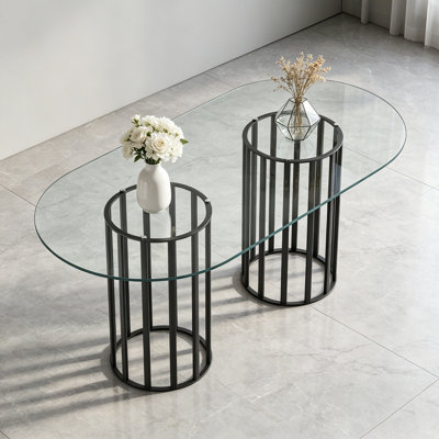 Table de salle à manger de 71 pouces en verre trempé ovale, double colonne de style luxueux, verre trempé résistant aux égratignures et facile à nettoyer. Convient pour une salle à manger de 6 à 8 personnes, table de restaurant moderne de luxe légère.