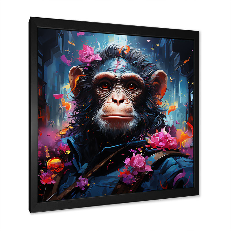 Floral, singe, art mural singe, H 16 po x l 16 po x P 1 po, Cadre simple noir