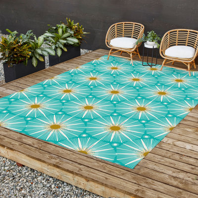 Tapis d'extérieur rectangulaire tissé à plat en polyester / chenille turquoise