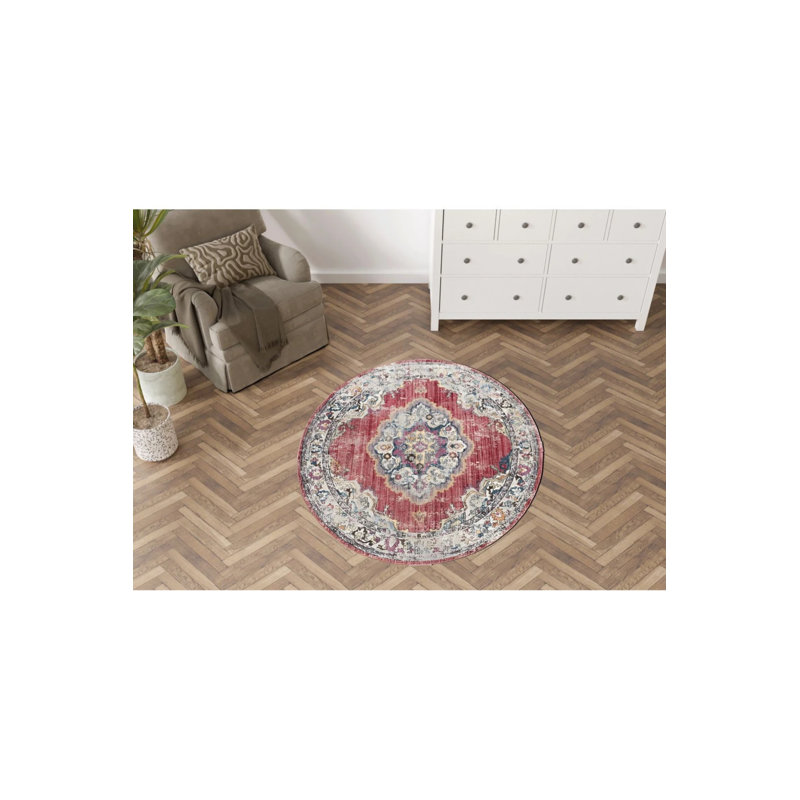 Red Themed Multicolored Traditional Motif Patterned Woven Base Round Decorative Carpet, Round 3'4"