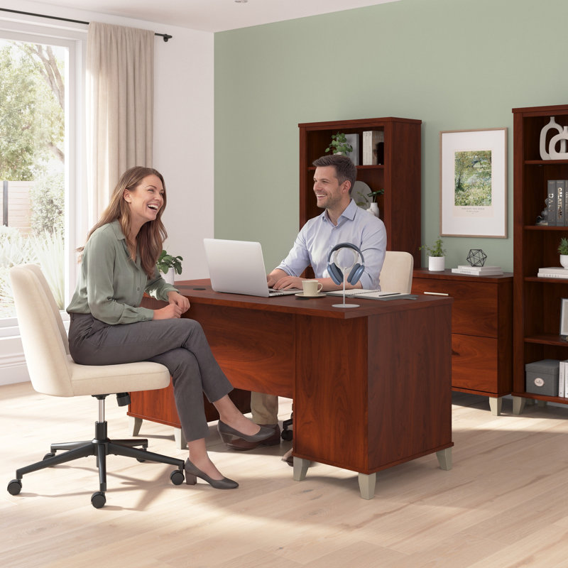Kaionna 60” Office Desk with Drawers, Computer Office Desk with Storage, Modern Wood, Hansen Cherry, Hansen Cherry
