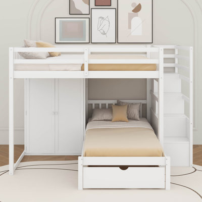 Lit superposé double au-dessus de simple avec garde-robe et tiroirs