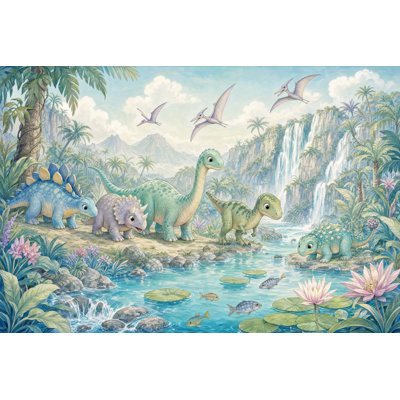Papier peint dinosaure, paysage préhistorique de jungle tropicale amovible