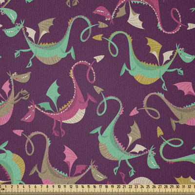 Tissu dragon par The Yard, animaux fantastiques avec un sourire amusant sur fond mauve