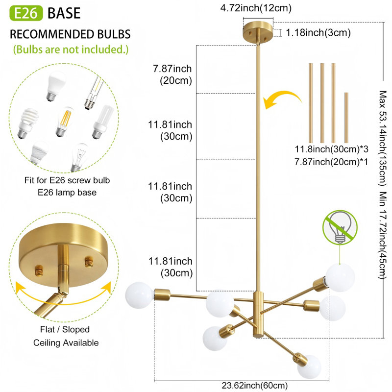 6 - Light Dimmable Sputnik Spider Chandelier, Gold