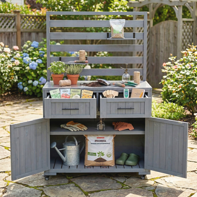 Grand chariot de cuisine en bois massif avec îlot de cuisine et table de préparation pour barbecue, Gray