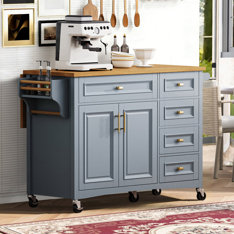52'' Kitchen Island With Drop Leaf With 2 Doors And 5 Drawers, Gray/Brown