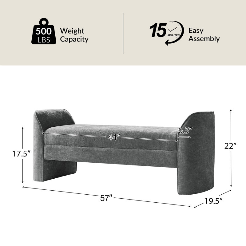 Banc rembourré en tissu 57 po Elizabeth, Gris