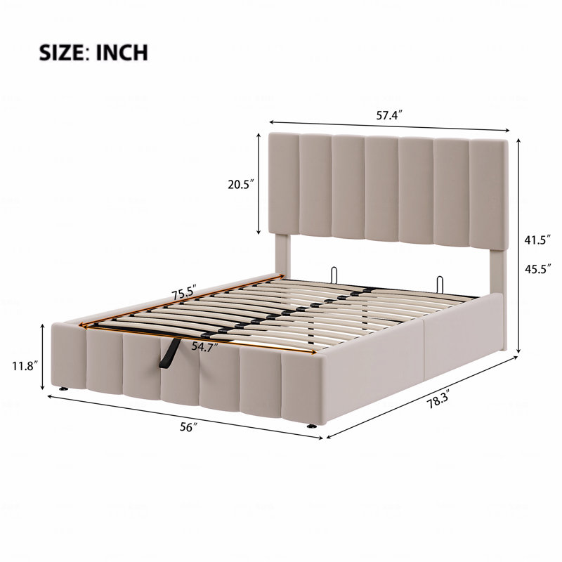 Lit plateforme tapissier double avec système de rangement hydraulique, Beige, Lit double