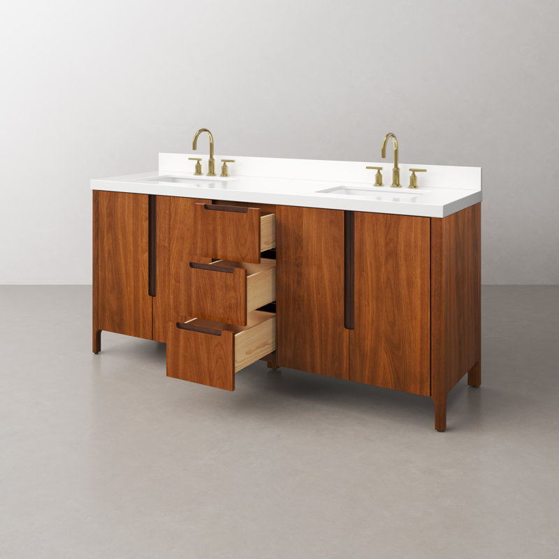 Sequoia 72 In. Double Sink Whitebrook Quartz Countertop Bath Vanity in Mango Wood With Chrome Faucet, Noir Juglans, Gold