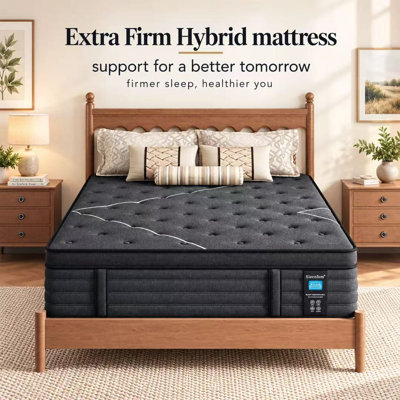  14” Extra Firm Hybrid Mattress in a Box with Individually Wrapped Pocket Coils, Motion Isolation, Edge Support & Pressure Relief, Matte Black