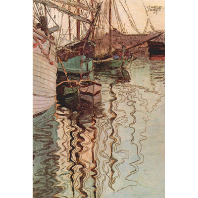 Reproduction d'art sur toile tendue, "Voiliers dans l'eau de Wollenbewegten" par Egon Schiele