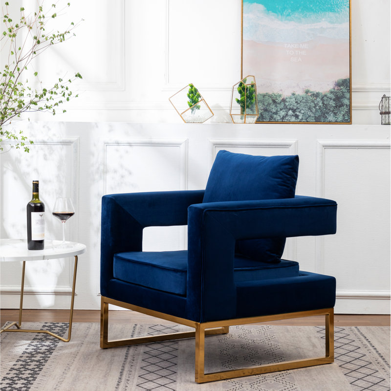 Siège confortable rembourré, revêtement en tissu bleu velouté, base en métal, carré, fauteuil de repos à dossier coussiné, revêtement, soutien, confort