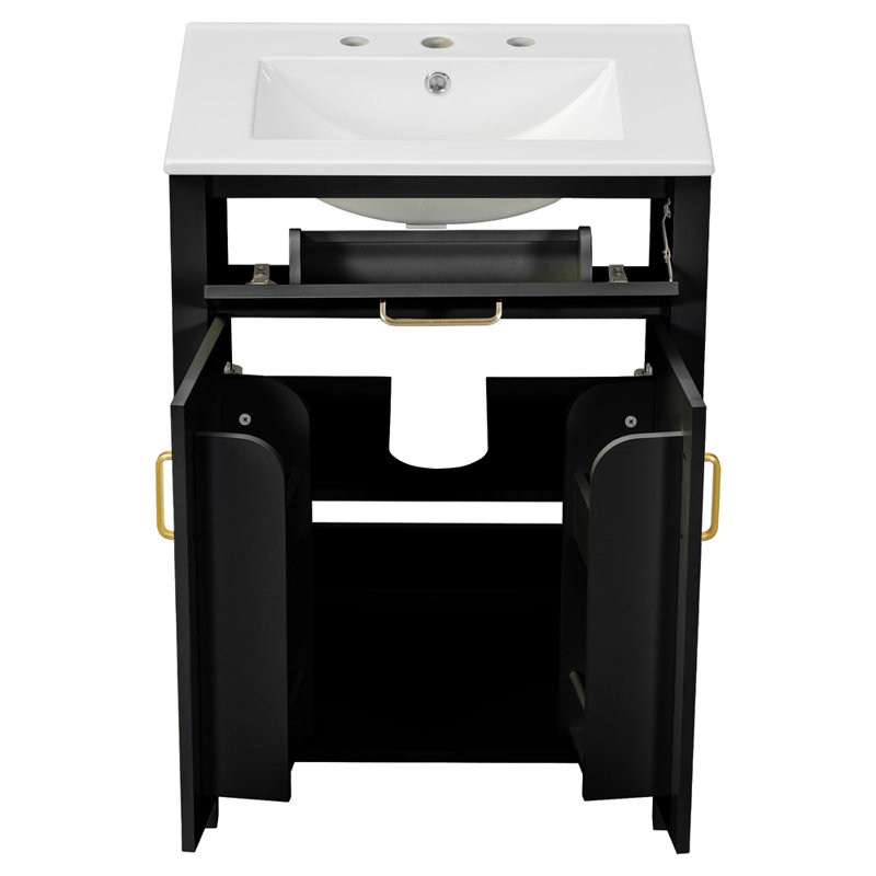 Meuble-lavabo moderne avec lavabo en céramique, portes à fermeture en douceur, tiroir rabattable, tablettes de porte à double couche, solution de rangement élégante