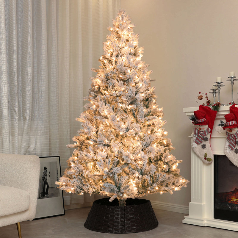 Arbre de Noël artificiel pré-éclairé avec lumières et pointes claires, arbre de Noël enneigé avec support en métal, arbre de Noël à charnières pour les vacances de bureau à domicile, vert