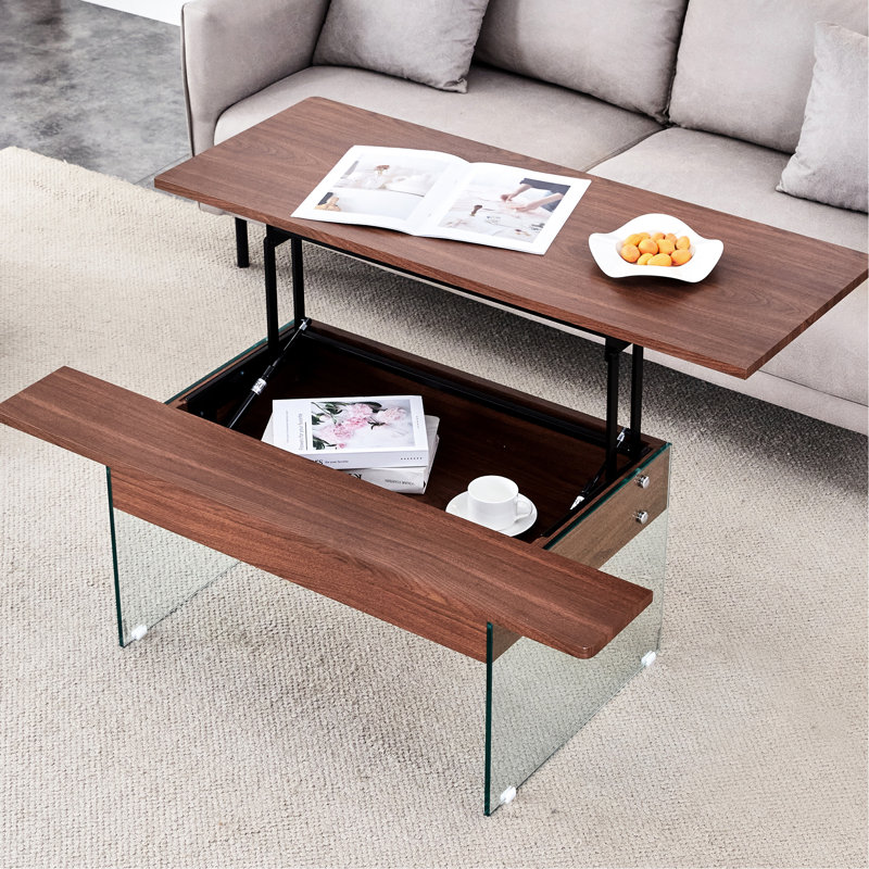 Table basse à plateau relevable multifonctionnel avec motif en marbre et pieds en verre trempé, design moderne pour le salon et le bureau