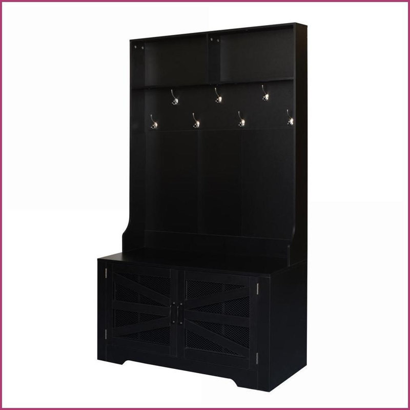 Banc de vestibule 3 en 1 43,3 po avec 7 crochets et tablettes réglables | Panneau de fibres à densité moyenne | Noir, Noir