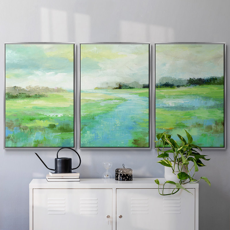 Winding Stream - 3 pièces, reproduction sur toile, H 40 po x l 78 po x P 2 po, Argent
