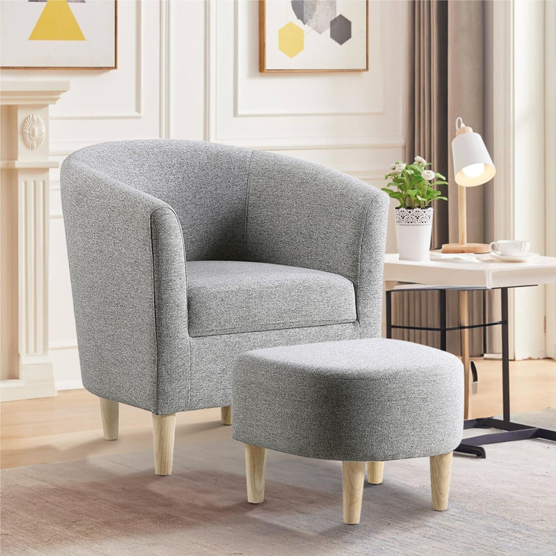 Upholstered 27" Wide Barrel Chair with Ottoman, Gray Linen Blend