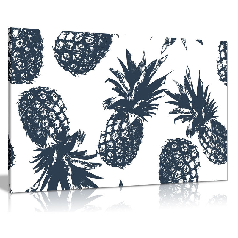 Tropical Pineapples Pattern Black White 1 Piece Wrapped Canvas Wall Art, 20cm H x 31cm W