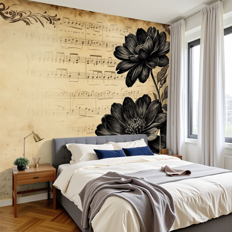 Papier peint à peler et à coller rétro Vintage Floral Black Ink Flowers Antique Partitions murales murales H 100 "x l 144" Papier amovible en PVC auto-adhésif pour chambre à coucher, salon, bureau à domicile