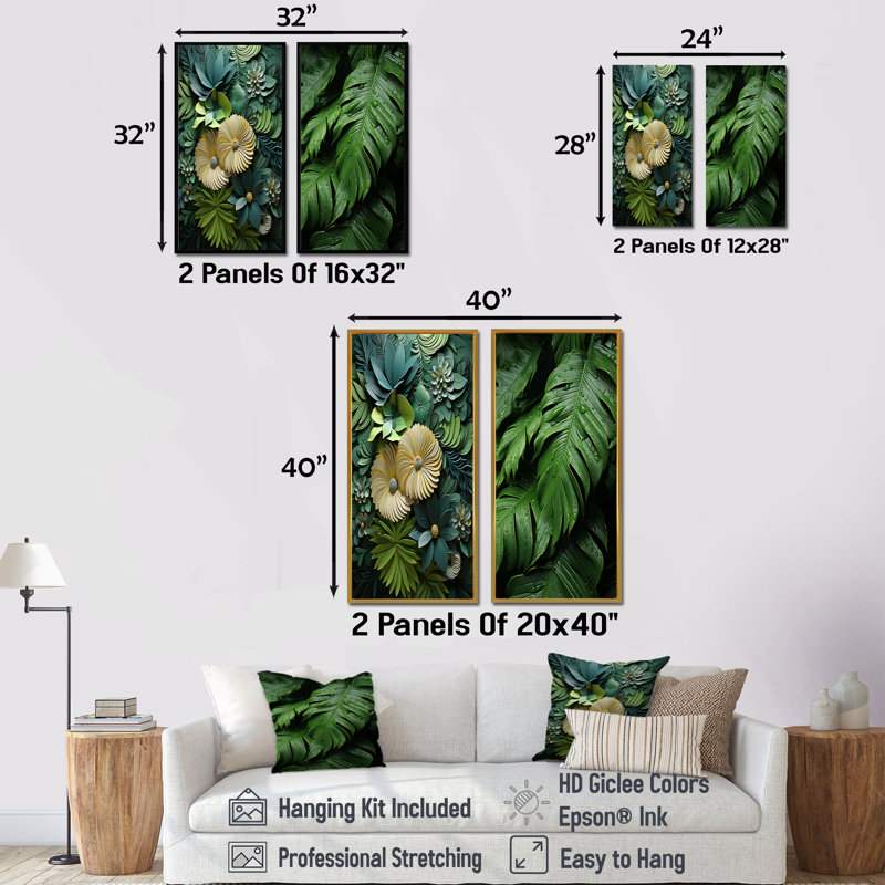 Ensemble de salon mural palmier et palmiers émeraude exotique Emerald, Cadre flottant brun, H 40 po x l 41 po