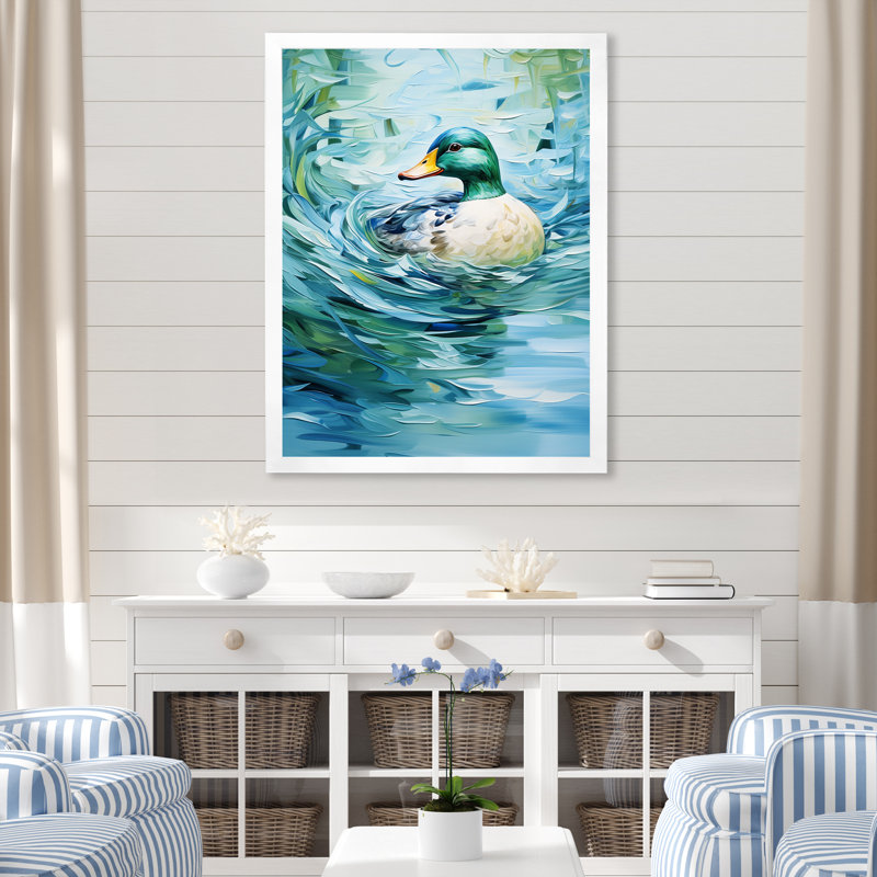 «Duck Abstract Ripples II», art mural canard, Cadre simple blanc, H 32 po x l 16 po x P 1 po