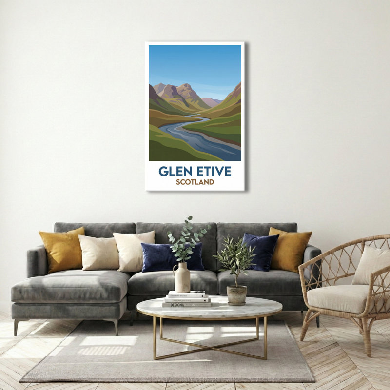 Glen Etive, Scotland - Romantic Highlands Travel Poster: Winding River and Mountain Solitude. Giclee Print on Wrapped Canvas. Wall Art, Home Decor - Regions & Scenic Areas, Scotland 1 Piece Wrapped Canvas Wall Art