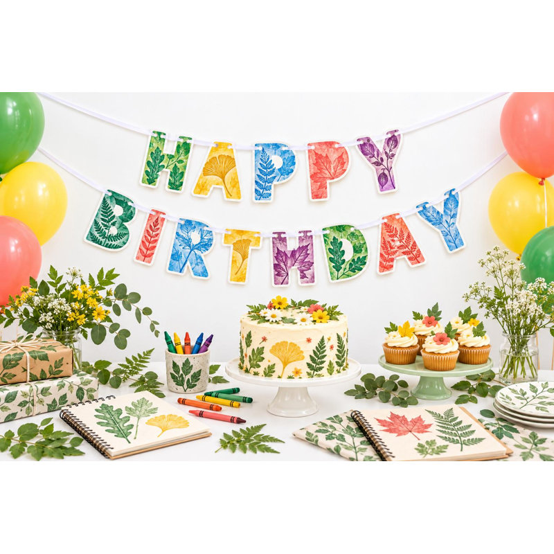 Little Leaf Rubbing Club Birthday Banner, Botanical Happy Birthday Letter Garland