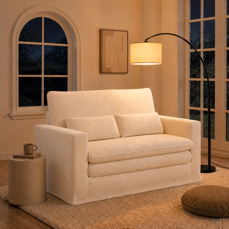 Canapé deux places en chenille avec 2 coussins, modèle Cloud, accoudoirs carrés, blanc, Blanc