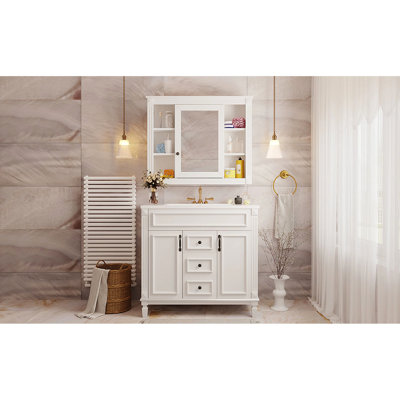 36" Bathroom Vanity With Ceramic Sink And Mirror - Stylish Functional Storage 2 Soft Closing Doors Drawers For A Modern Living Space Spacious