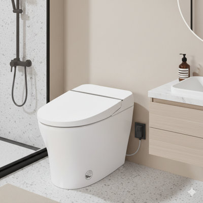 Toilette intelligente avec siège chauffant mais sans bidet, conception compacte de qualité supérieure avec un système de double chasse (1 / 1,28 GPF), construction sans réservoir, température du siège réglable, activation de la chasse d'eau par capteur du pied, veilleuse blanche douce, commande à bouton