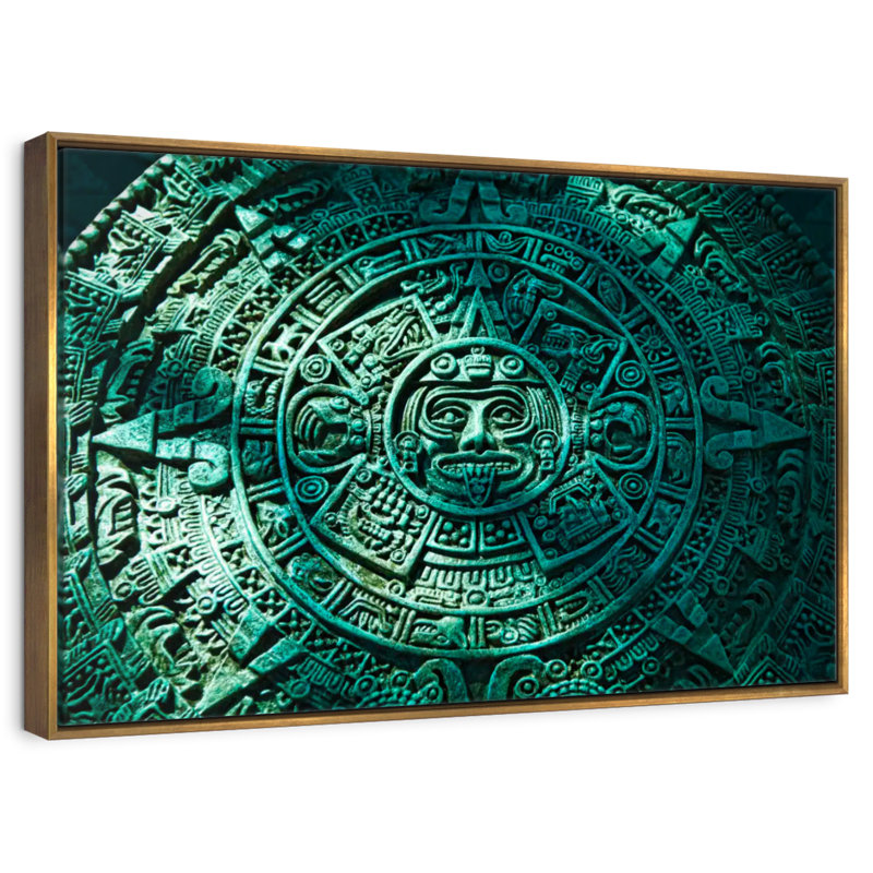 Green Aztec Sun Stone, Floating Frame Gold, 13" X 9"