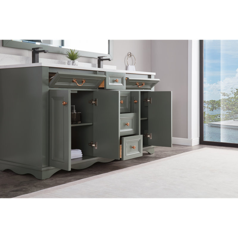 60" Solid Wood Sink Vanity  With 1' Artificial Stone Top, Pewter Green