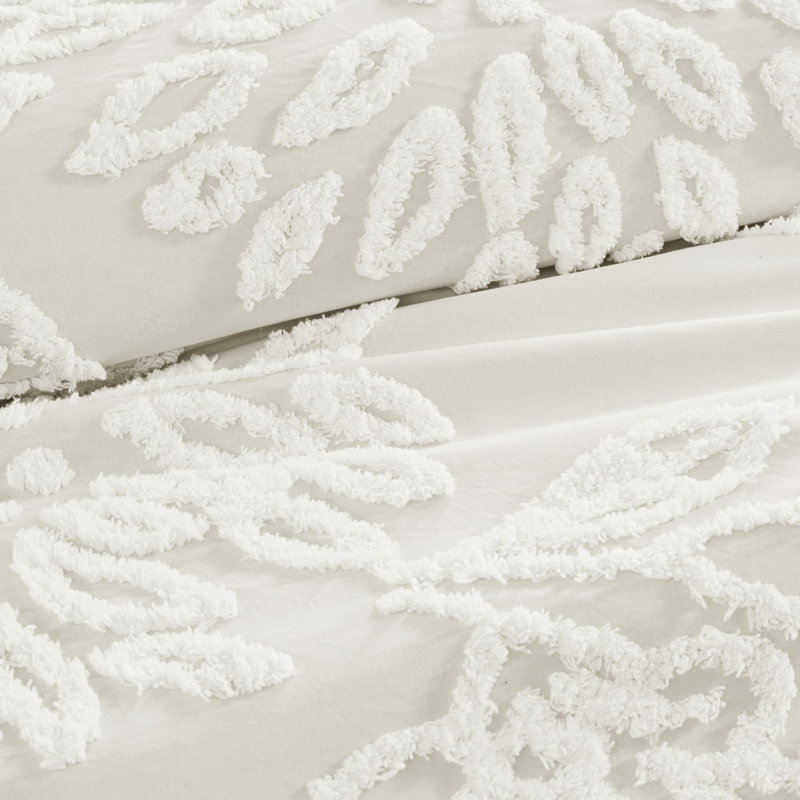 Ataja 3 Piece Tufted Cotton Chenille Floral Duvet Cover Set, Full/Queen Duvet Cover + 2 Standard Shams, Off-White