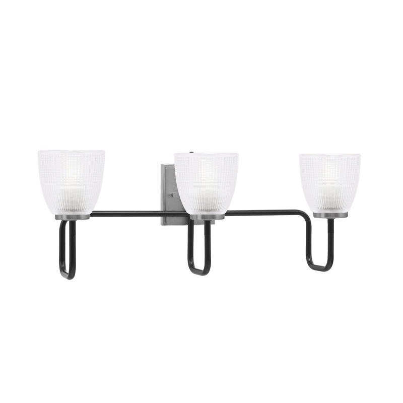 Barre d'éclairage de salle de bain 3 lumières Amarmula, noir mat et finition graphite, verre côtelé transparent de 5 po