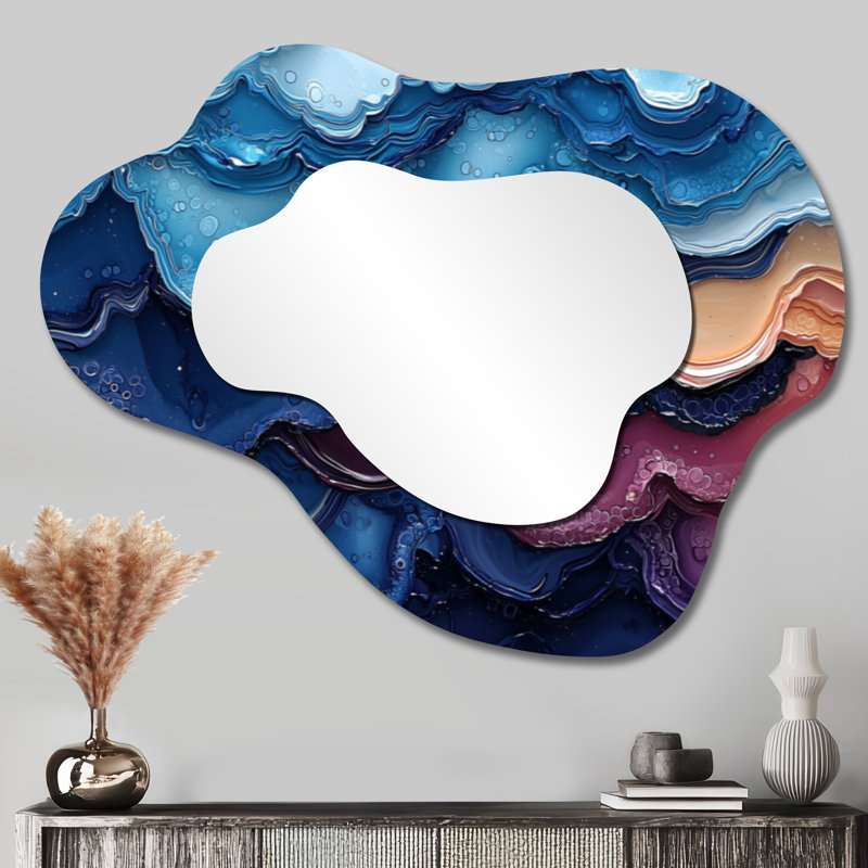 Chromatic Dance Blue Biomorphism I - Minimalism Asymmetrical Decorative Mirror, Modern irregular Wall Mirror, Printed on Metal