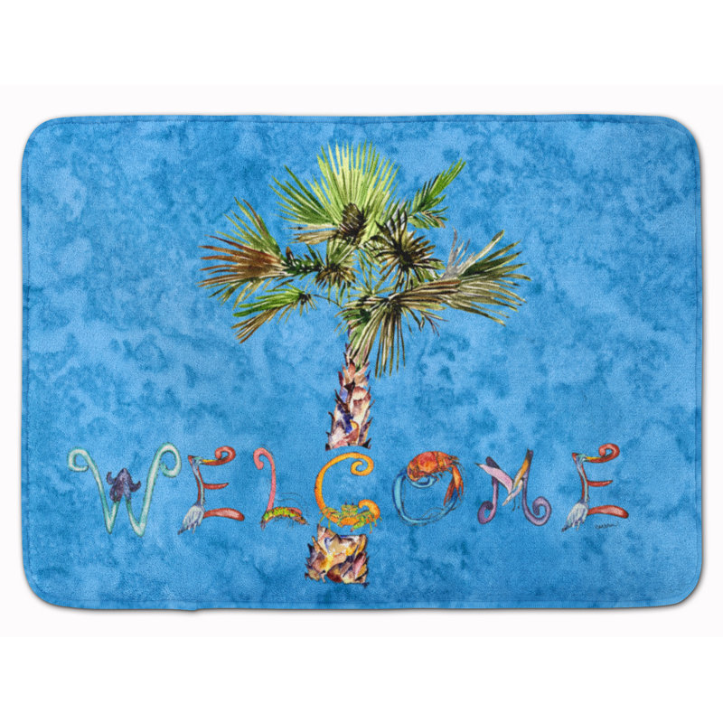 Welcome Palm Tree on Rectangle Microfiber Non-Slip Floral Bath Rug, Blue