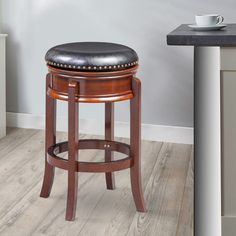Sabi 24 inch Swivel Counter Stool, Solid Wood, Faux Leather, Cherry, Gray, Counter Stool (24” Seat Height)