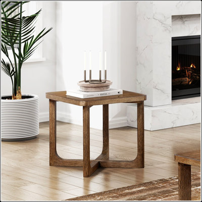 Table d'appoint carrée moderne en bois avec fini brun clair et piètement en X robuste pour les espaces de salon