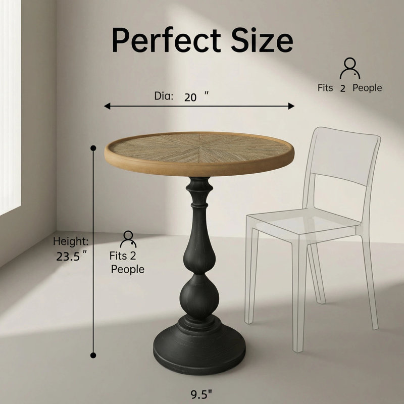 Table de bout ronde à piédestal 19,9 po avec plateau en bois naturel et base tournée noire, table d'appoint rustique