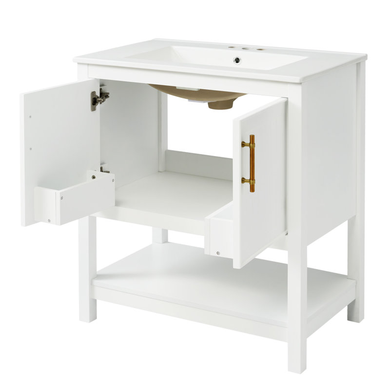 Meuble-lavabo de 30 pouces avec lavabo en céramique et rangement polyvalent - idéal pour les petites salles de bain en céramique, porte, meuble-lavabo