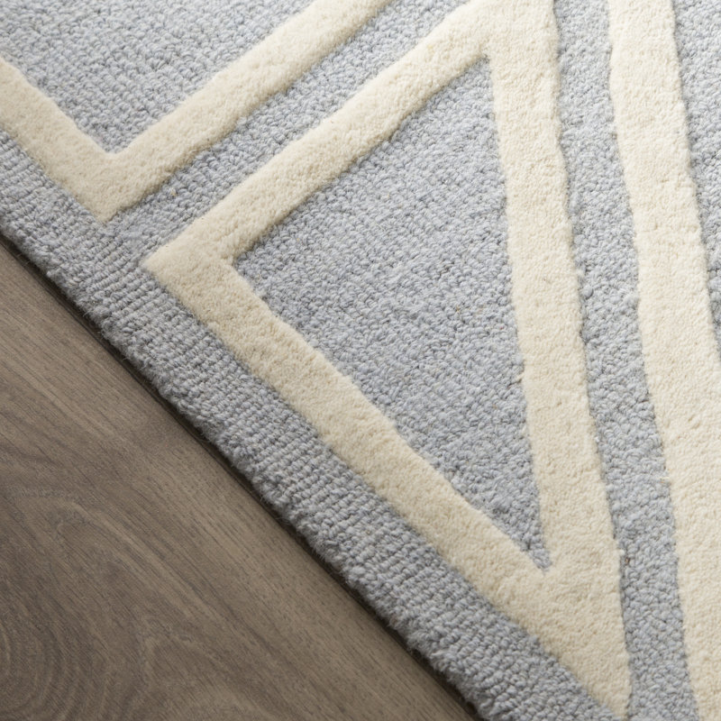 Tapis bleu / ivoire en laine touffeté à la main à motif géométrique Krystyna, Rectangle 8 pi x 10 pi