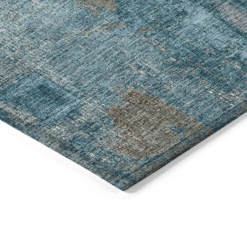 Teal Abstract Washable Synthetic Indoor/Outdoor Runner Rug